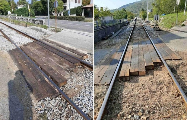 Kakvu opasnost za moped ili motocikl predstavlja oštećeni železnički prelaz prikazan na fotografiji?