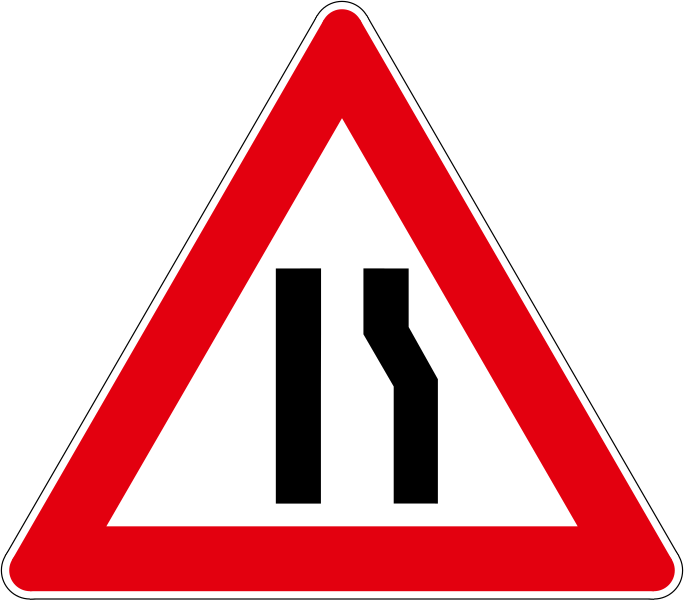 The traffic sign warns of narrowing of the road from the right side.