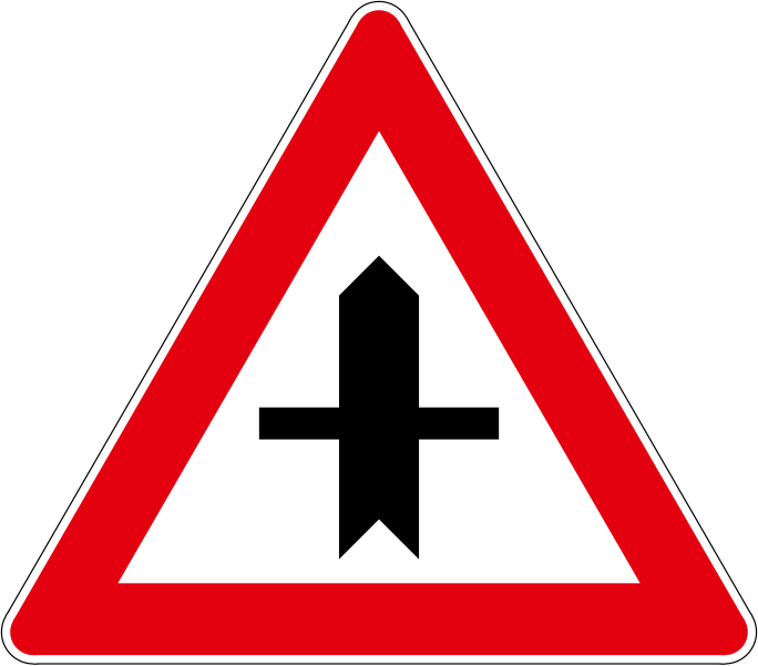The traffic sign warns of the intersection of roads of equal importance.