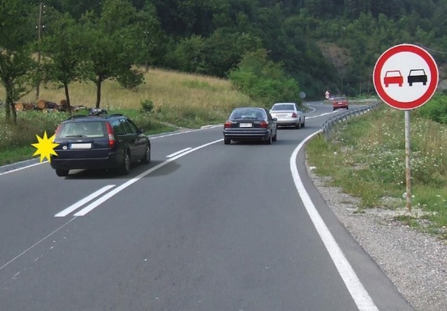 Prohibition of overtaking, starts from 150-250 m from the place where the sign is placed.