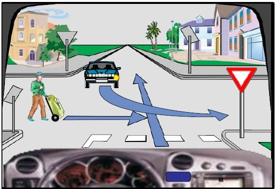In this intersection, the sequence of crossing should be: the pedestrian, me, the blue car.