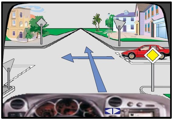 At this intersection, the red car moves last.