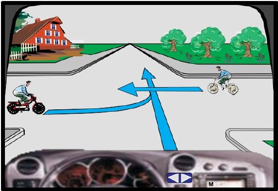 At this intersection, the moped moves first.