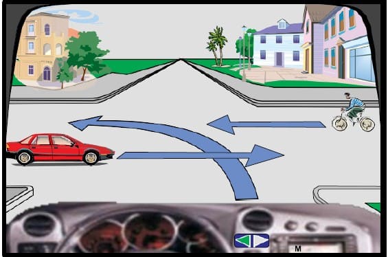 At this intersection the sequence of crossing should be: the red car, the cyclist, me.