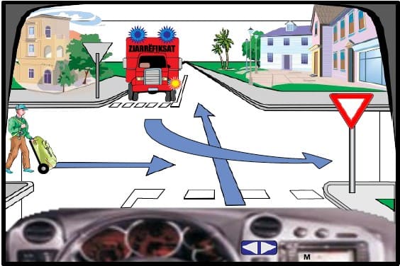 In this intersection, the sequence of crossing should be: pedestrian, me, truck.