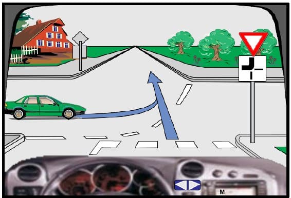 In this intersection, the green car must stop first.