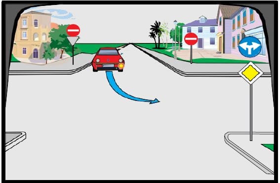 In the car is lined up straight to make a left turn.
