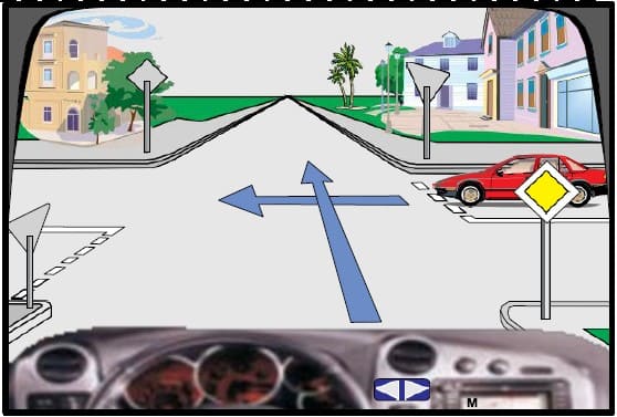 At the intersection, I move in front of the red car.