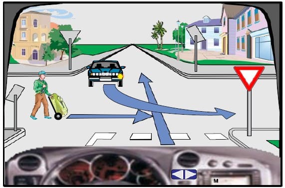 In this intersection, the sequence of crossing should be: the blue car, me, the pedestrian.