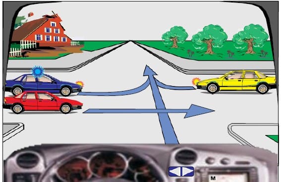 Na raskrsnici redosled prvenstva prolaza treba da bude: crveni automobil, policijski auto, žuti automobil, ja.