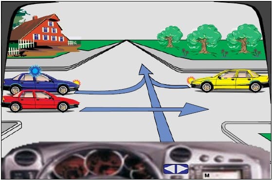 At the intersection, the sequence of crossing should be:: police car, yellow car, me, red car.